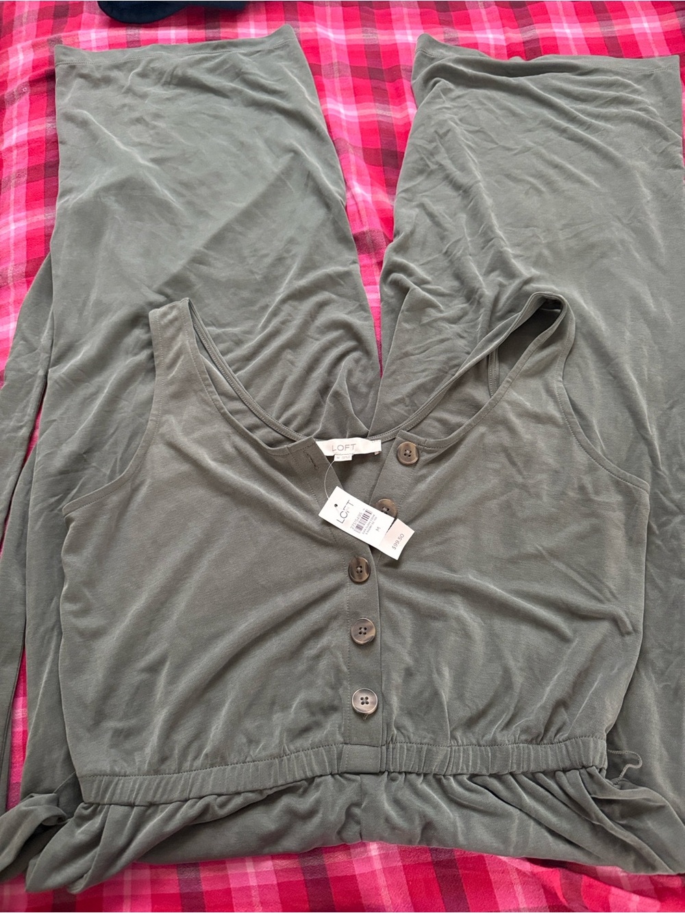 LOFT Olive Green Button-Front Sleeveless Jumpsuit Medium